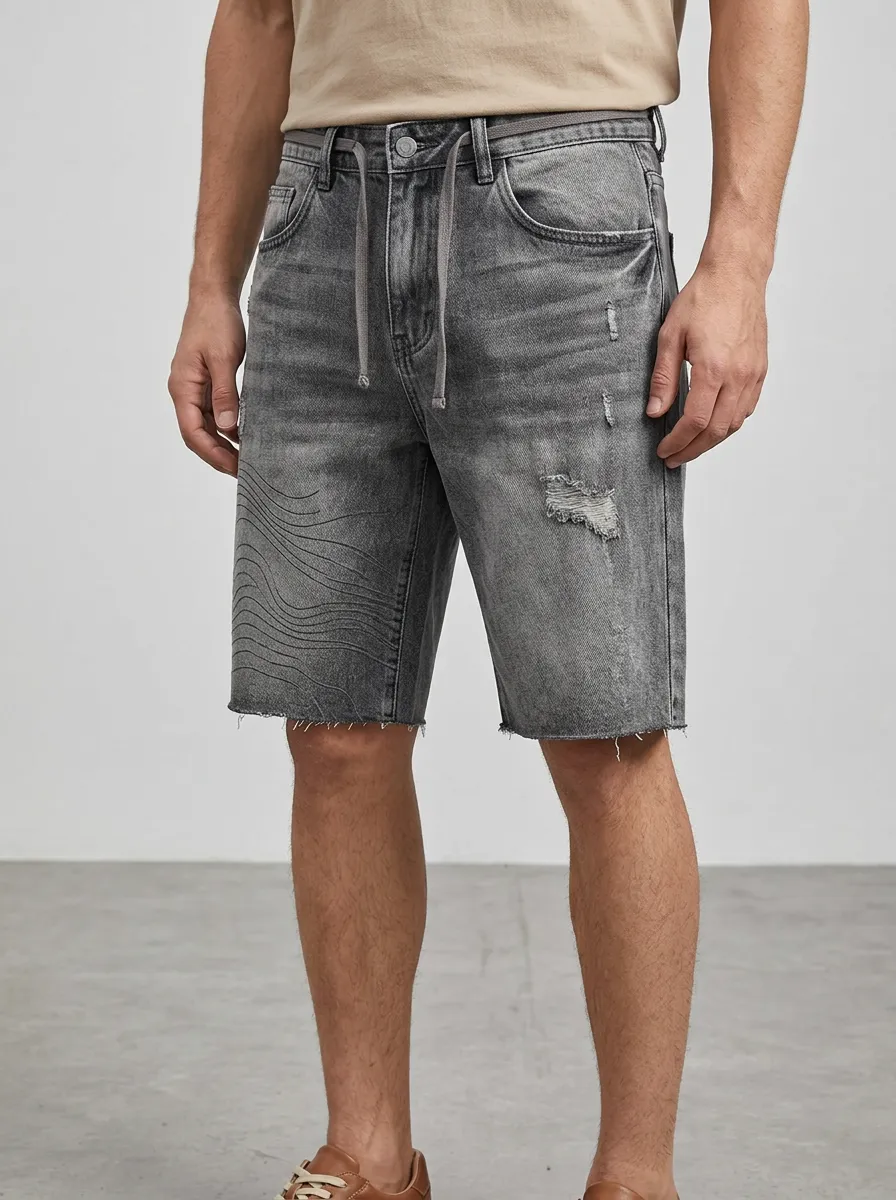 Men's Wave Distressed Raw Hem Denim Shorts