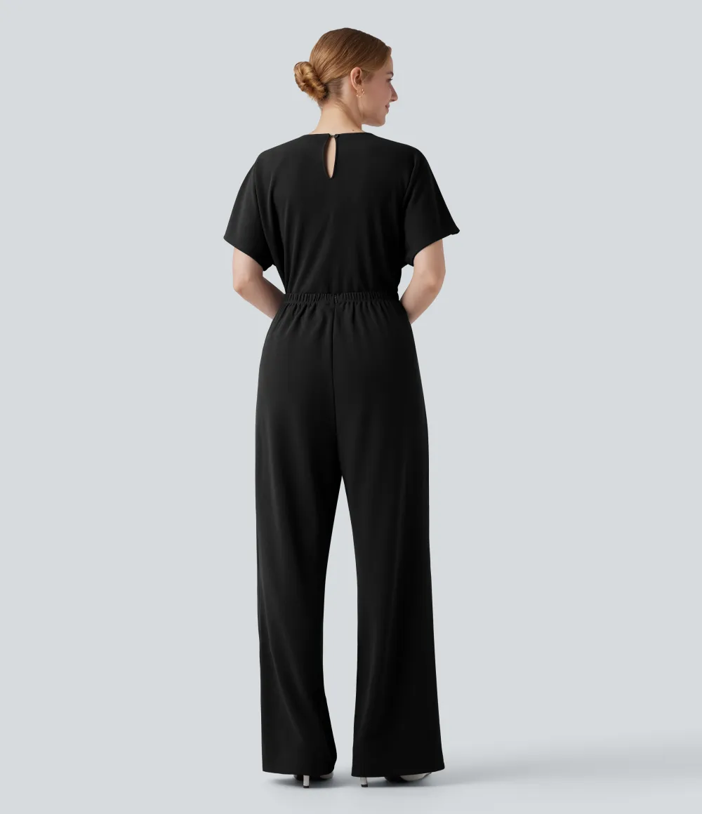 Wrinkle-resistant V-neck Batwing Sleeve Wide Leg Work Jumpsuit with Pockets-Easy Peezy