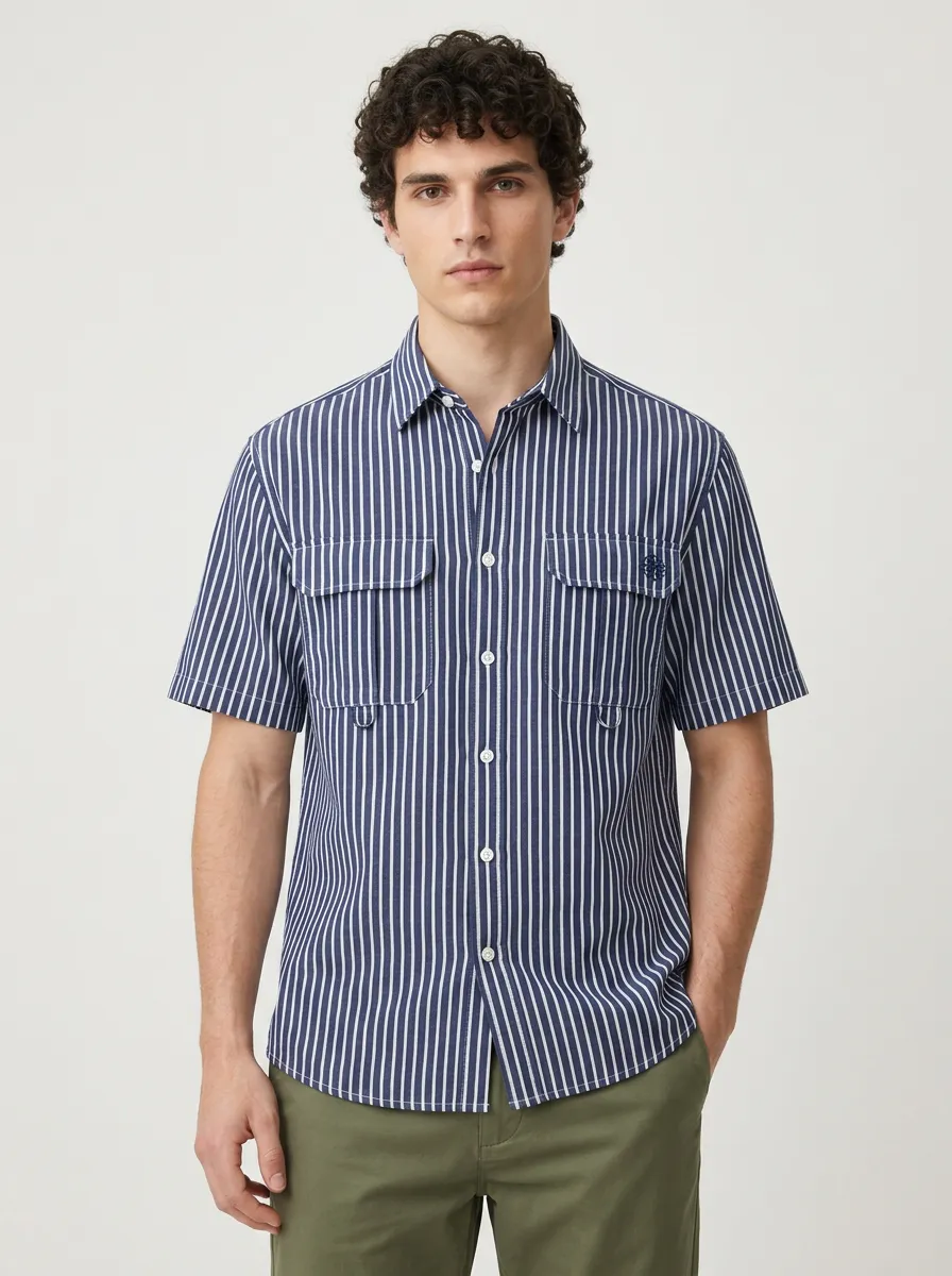 Men's Casual Summer Navy Blue Striped Button-Down Short Sleeve Shirt
