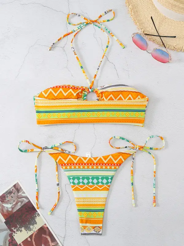 Halterneck Lace Up Adjustable Briefs Printed Swim Set