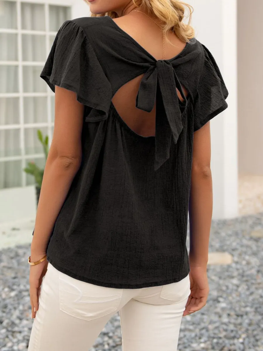 Round Neck Cutout Tie Back Top