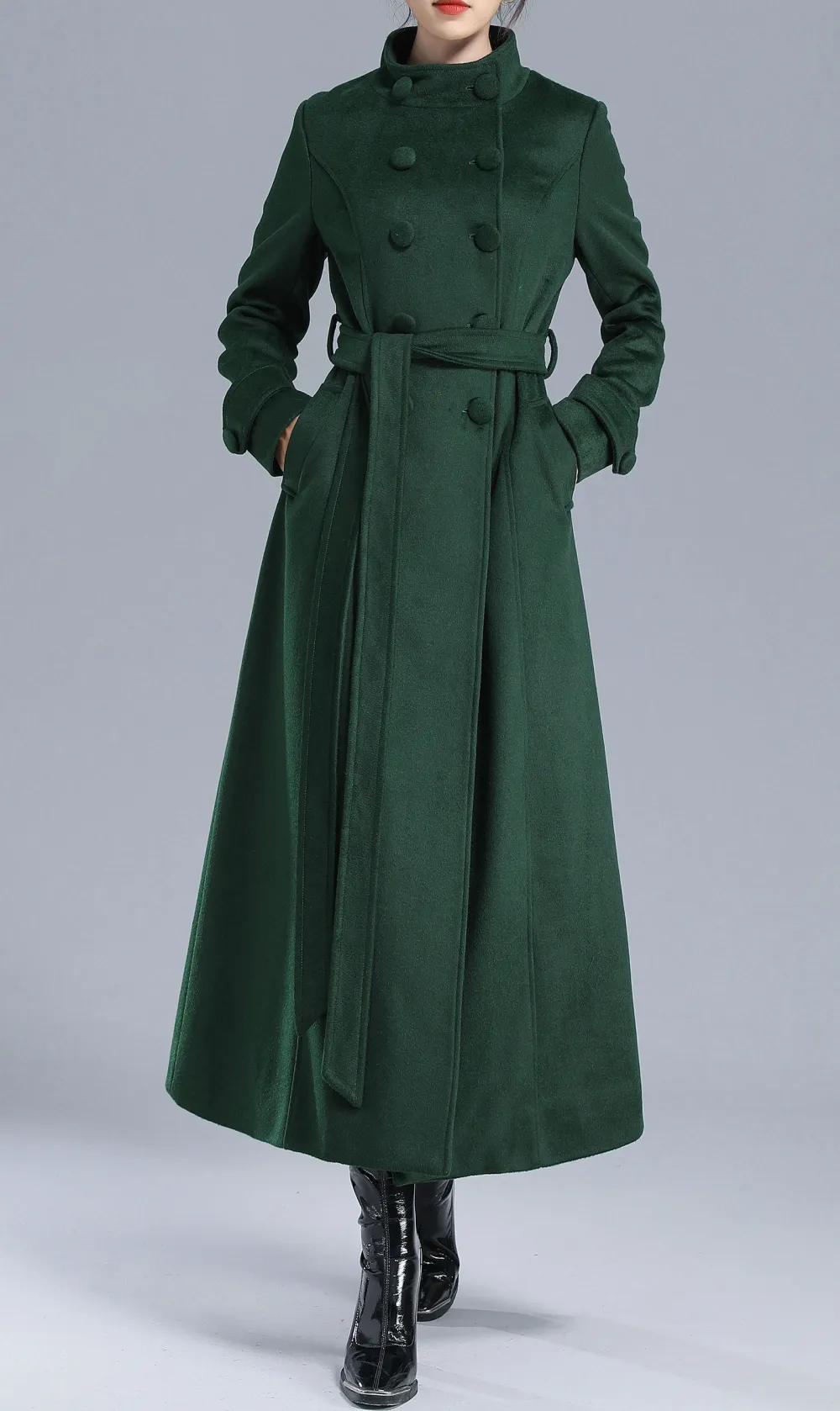 Wool Double Breasted Belted Pocketed Long Coat