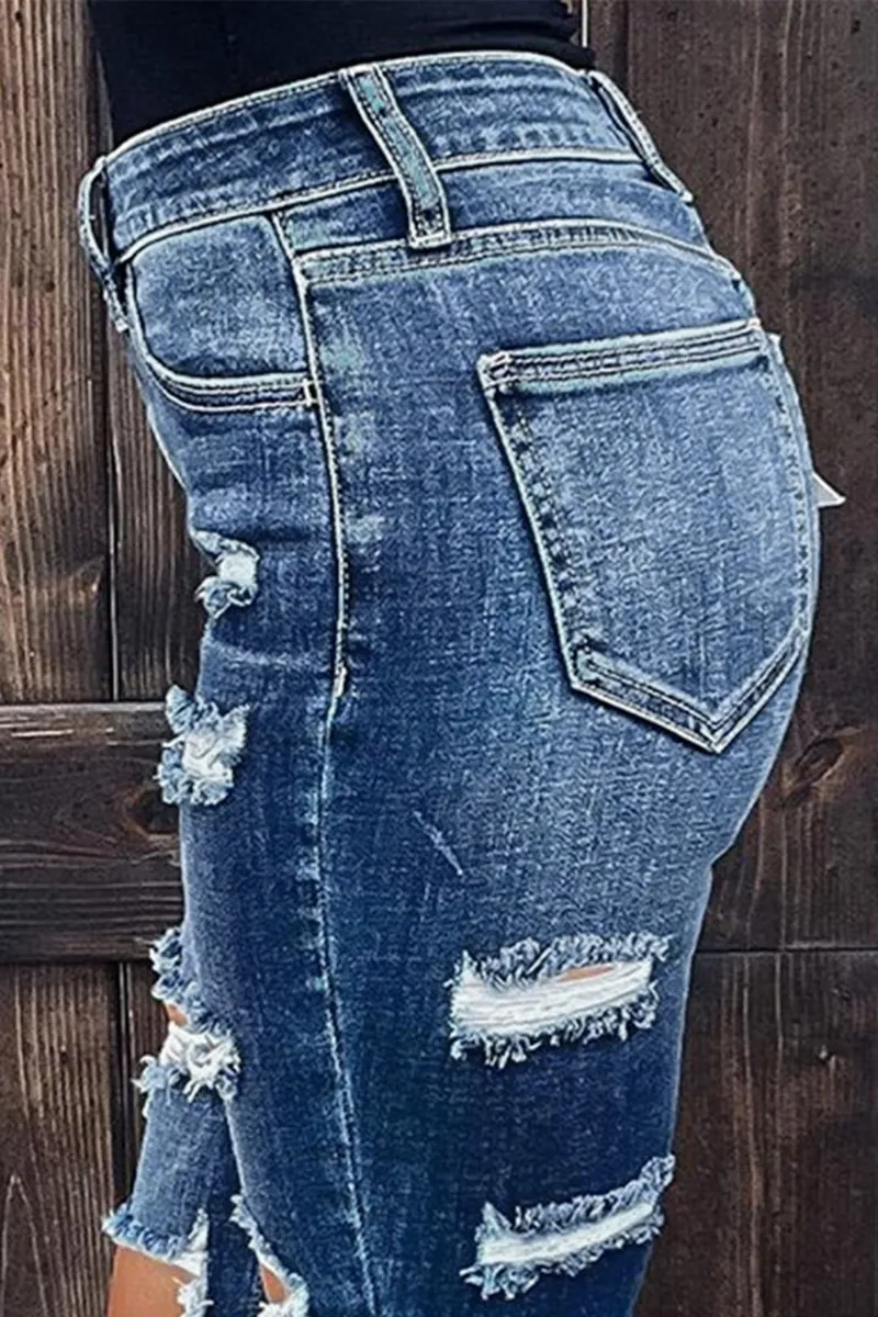 Ladder Ripped Rolled Hem Mid Waist Skinny Jeans