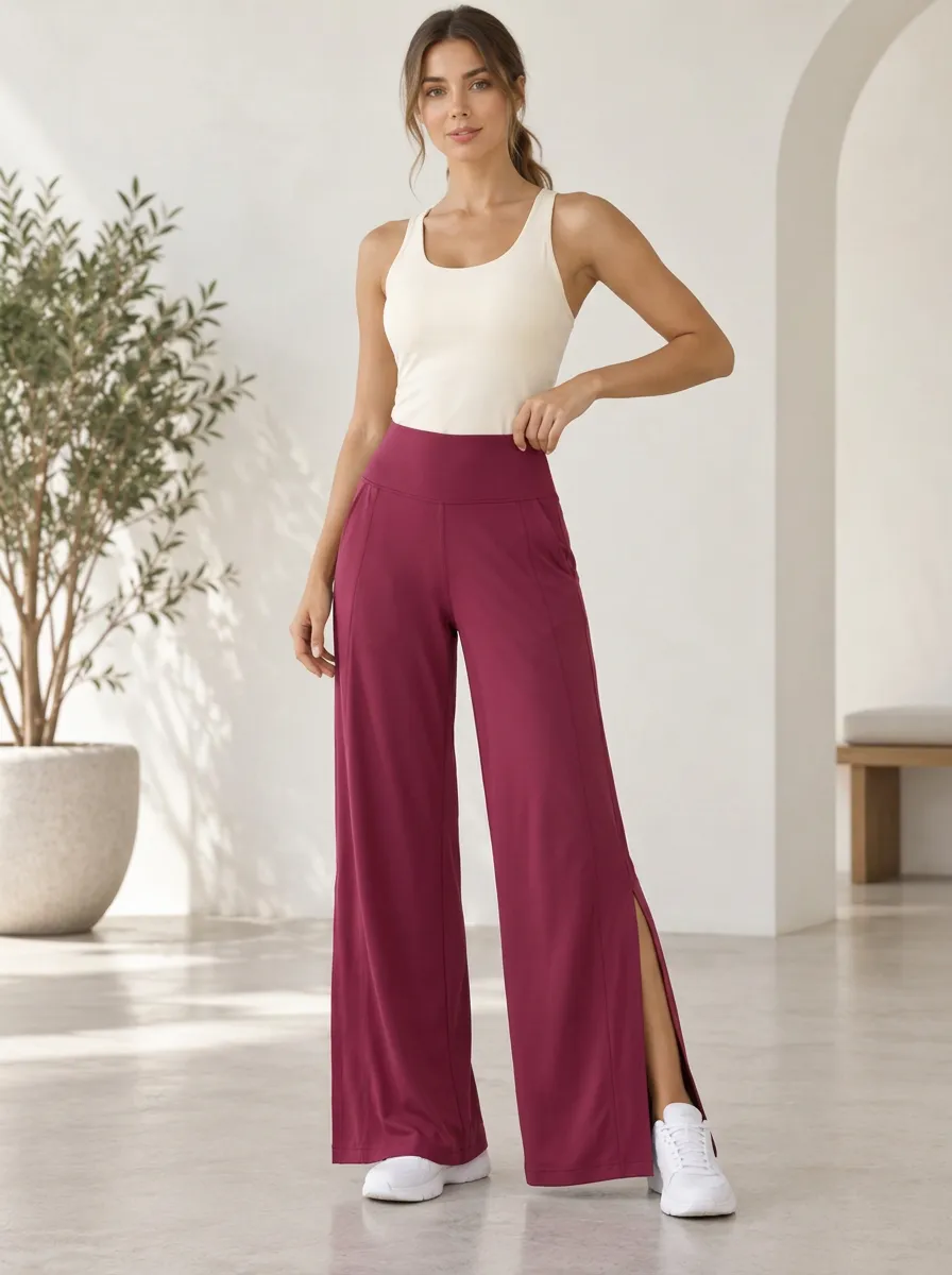 Women's Pocket Flowing Motion Wide Leg Slit Sport Pants