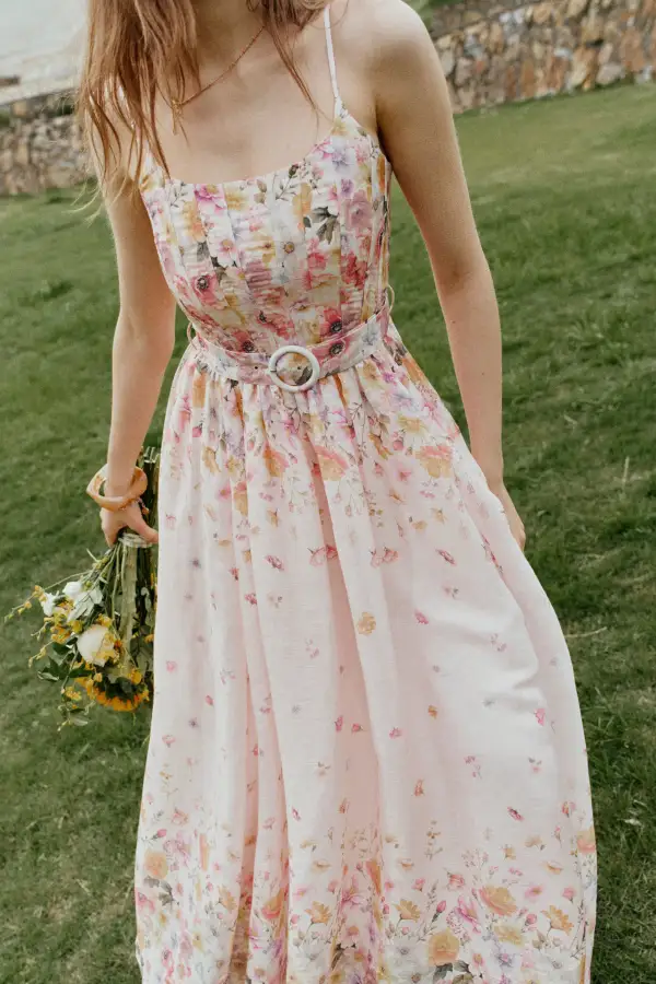 Strap Smocked Belted Hand-Painted Silk Linen Organza Maxi Dress