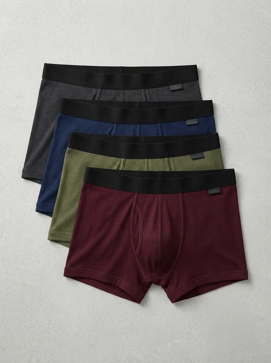Men's Solid Color Ribbed Cotton Boxer Briefs Underwear Set