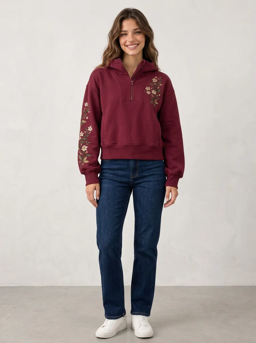 Everyday Layer Women's Floral Embroidered Quarter Zip Nature Inspired Hoodie