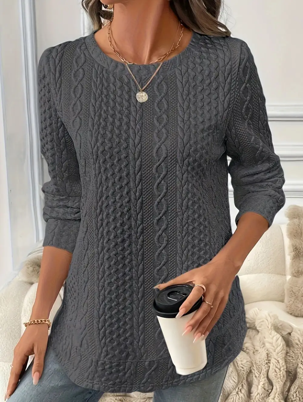 Textured Loose Fitting Drop Shoulder Sweatshirt