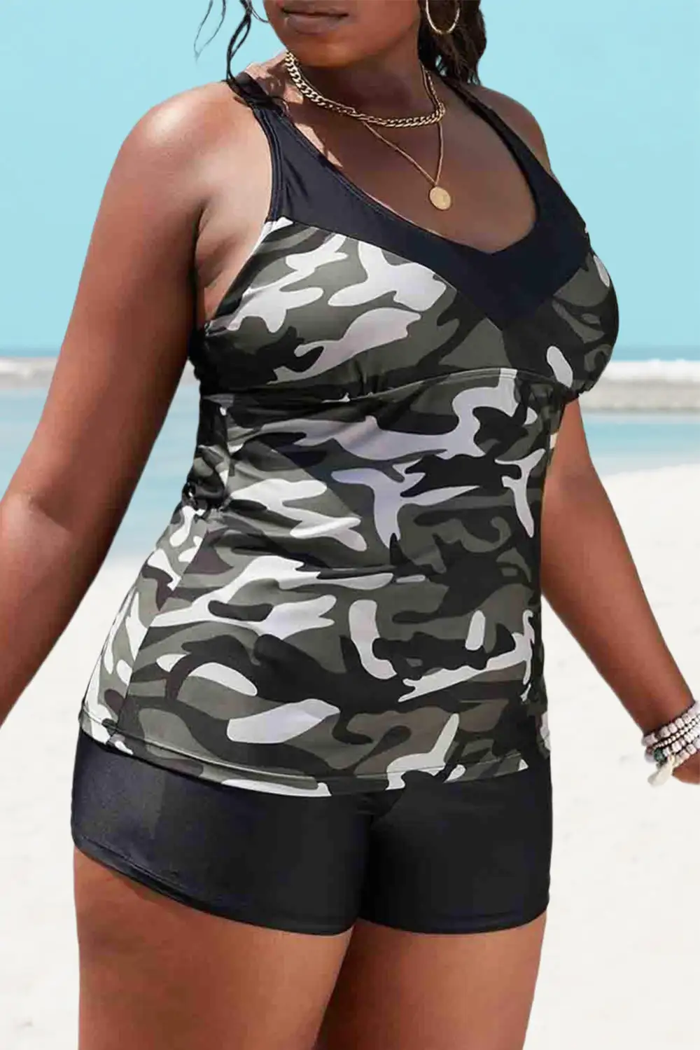 Swimwear Camouflage Print Back Criss Cross Tankini Set