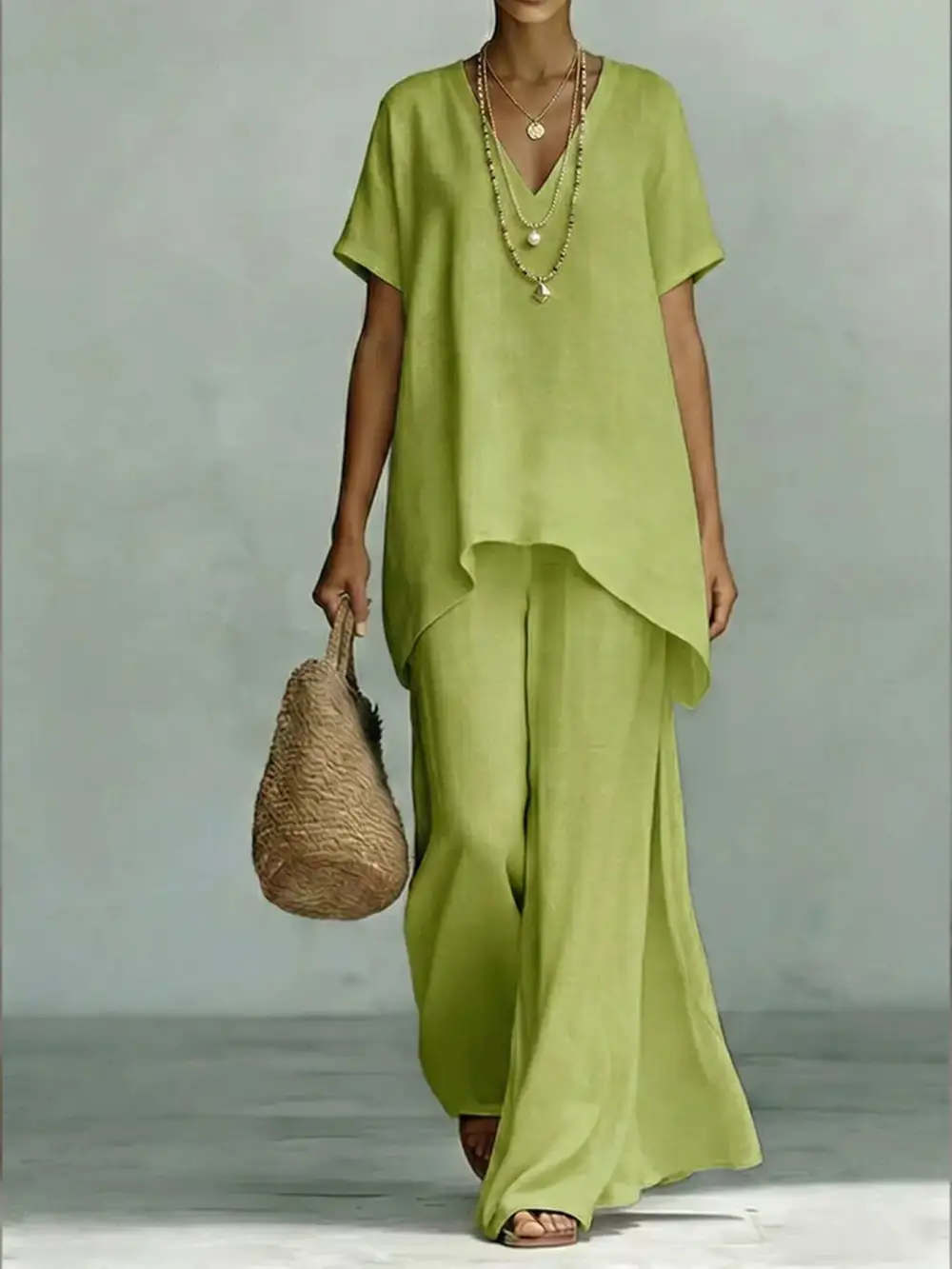 Full Size V Neck Top and Wide Leg Pants