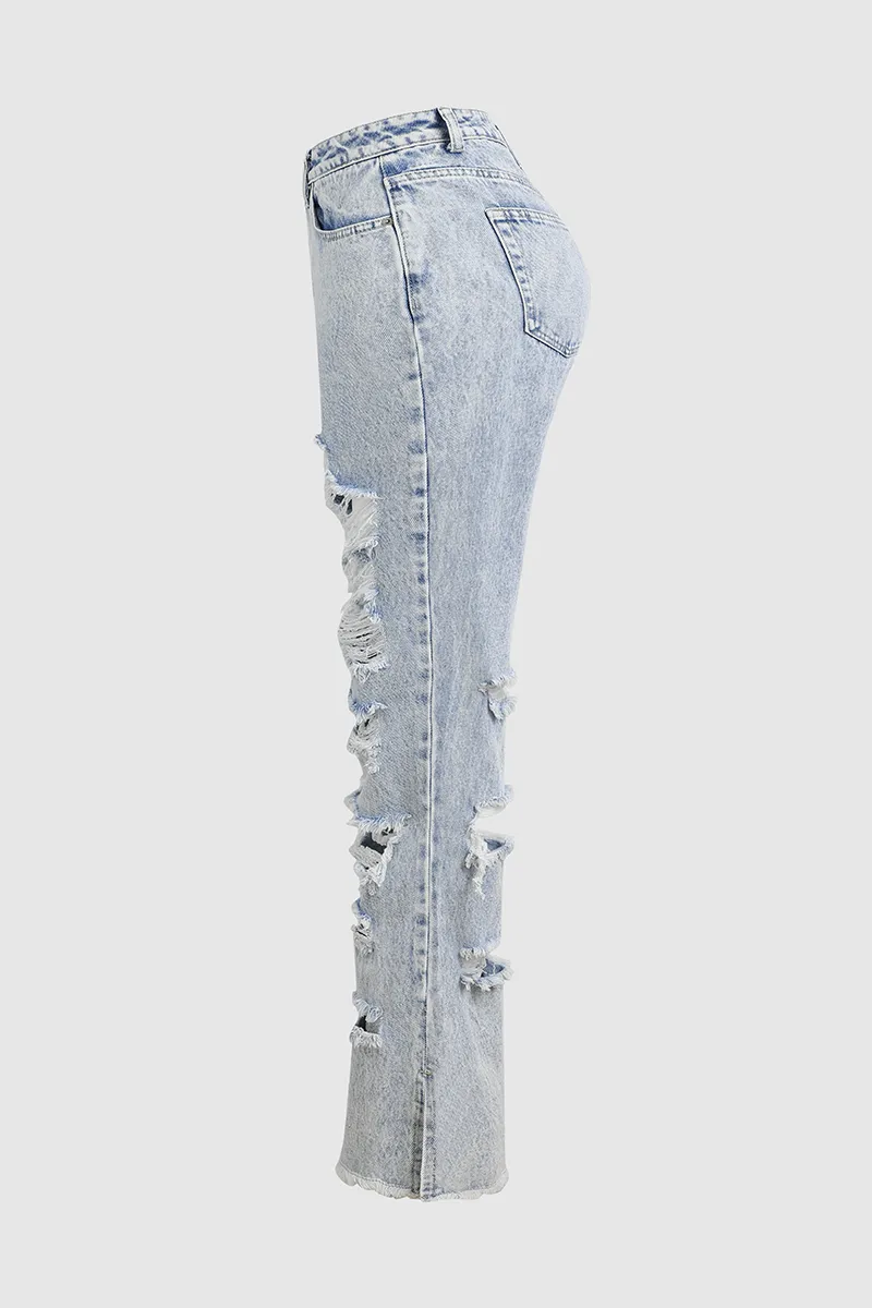 Distressed Frayed Split Hem Straight Leg Jeans