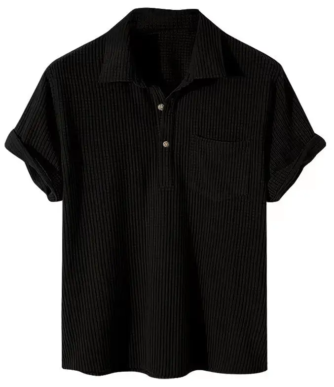 Waffle Texture Button Placket Chest Pocket Fine Knit Polo Shirt