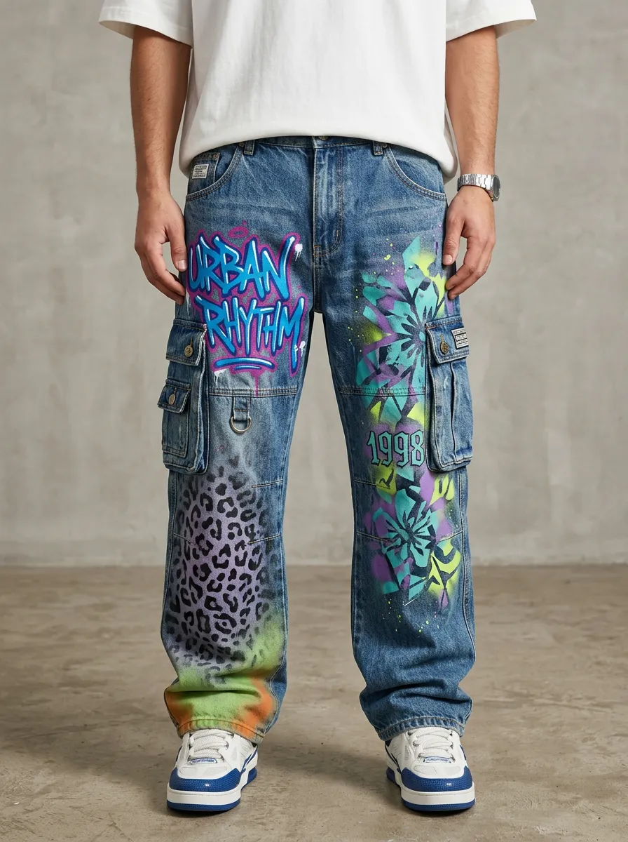 Men's Streetwear Urban Rhythm Graffiti Leopard Graphic Cargo Jeans