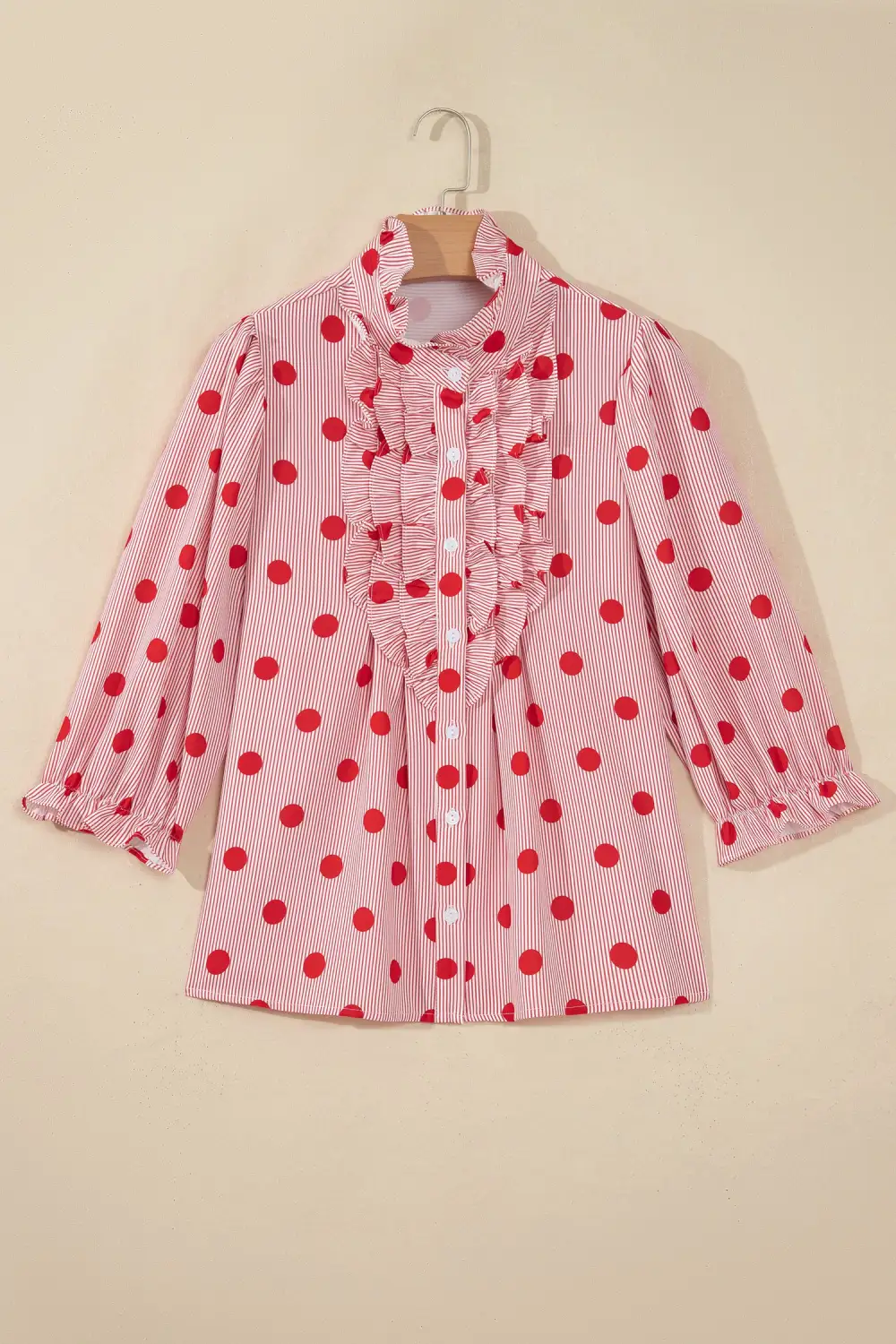 Women's Striped Polka Dot Stand Neck Blouse