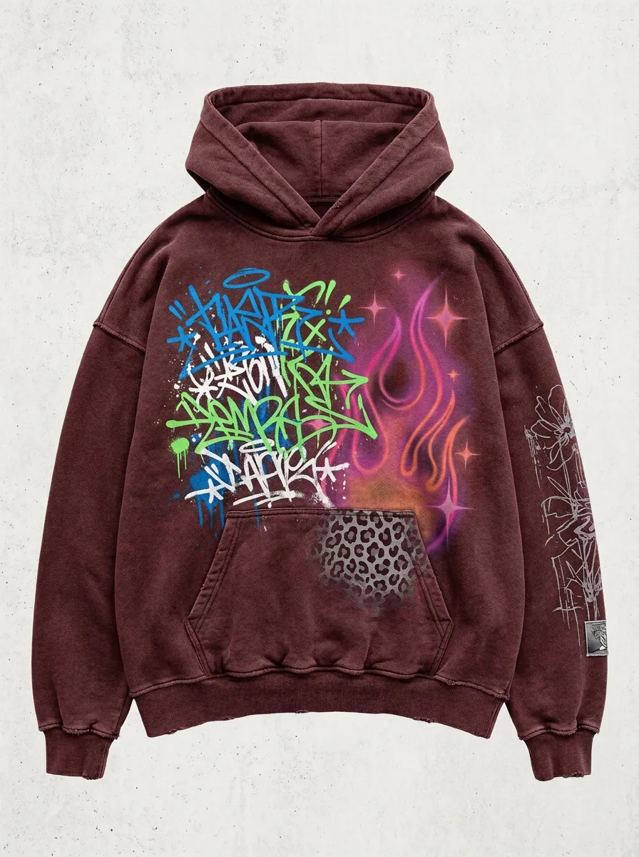 Unisex Streetwear Graffiti Flame Leopard Graphic Hoodie