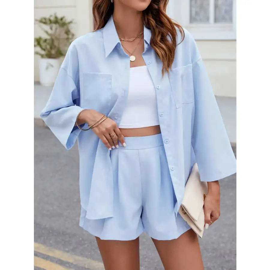Relaxed Button Up Long Sleeve Top and Shorts Set