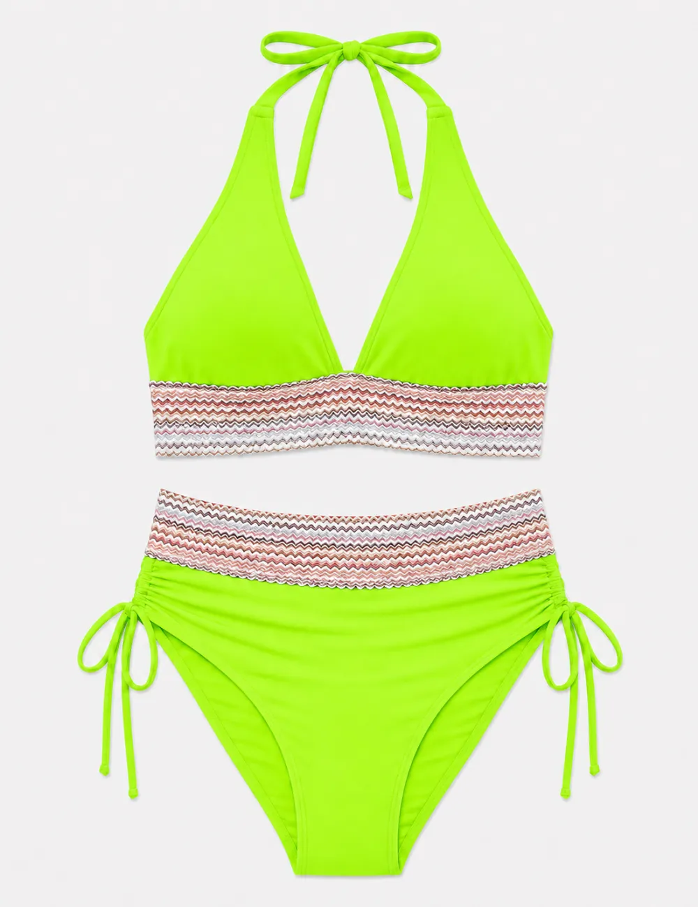 Deep V Neck Colorful Zigzag Smocked Trim Bikini Set