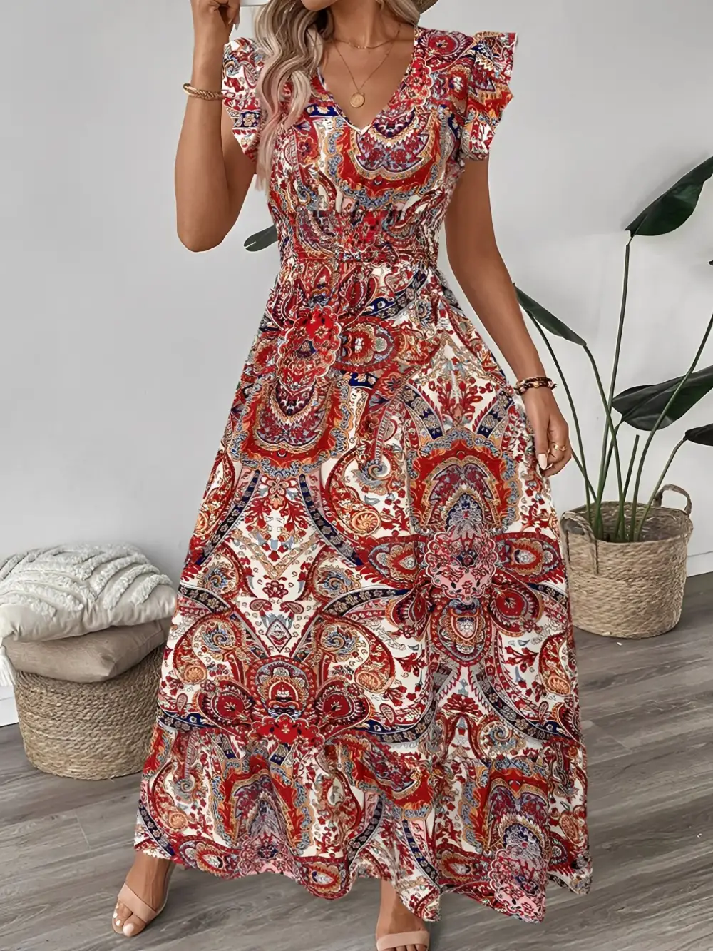 Boho Floral V-Neck Ruffle-Sleeve Smocked Maxi Dress