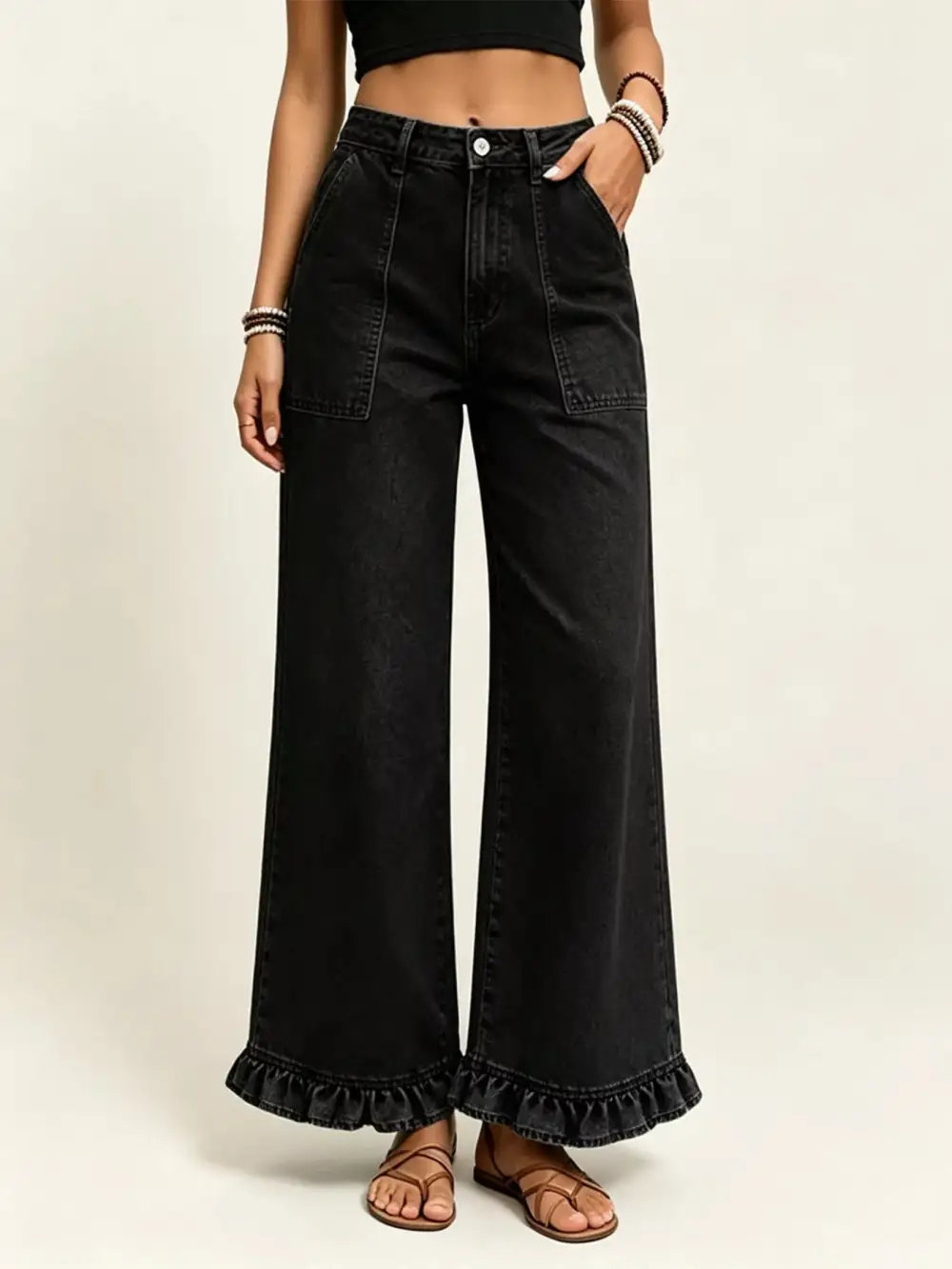 Women' High-Waisted Wide-Leg Ruffle Hem Jeans