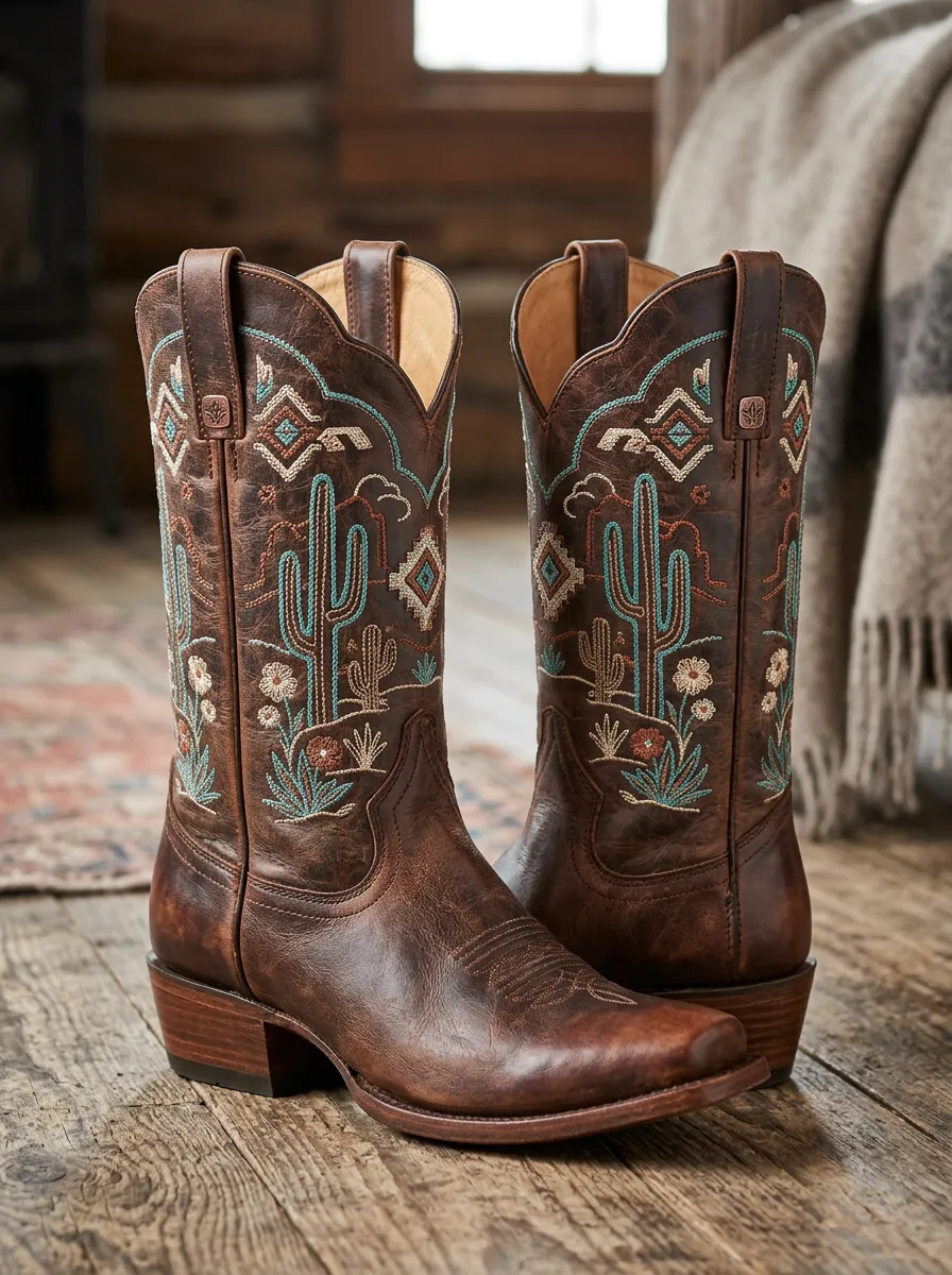 Range Cactus Floral Embroidered Edit Unisex Western Cowboy Boots