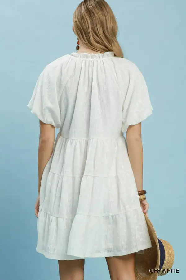 V-Neck Puff Sleeve Tiered Pocketed Mini Dress
