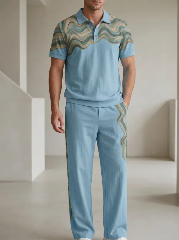 Men's Wavy Pattern Printed Polo Shirt and Trousers Set
