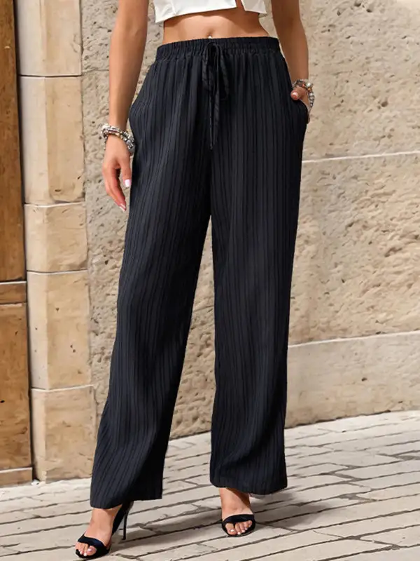 Pleated Textured Elastic Straight Pants