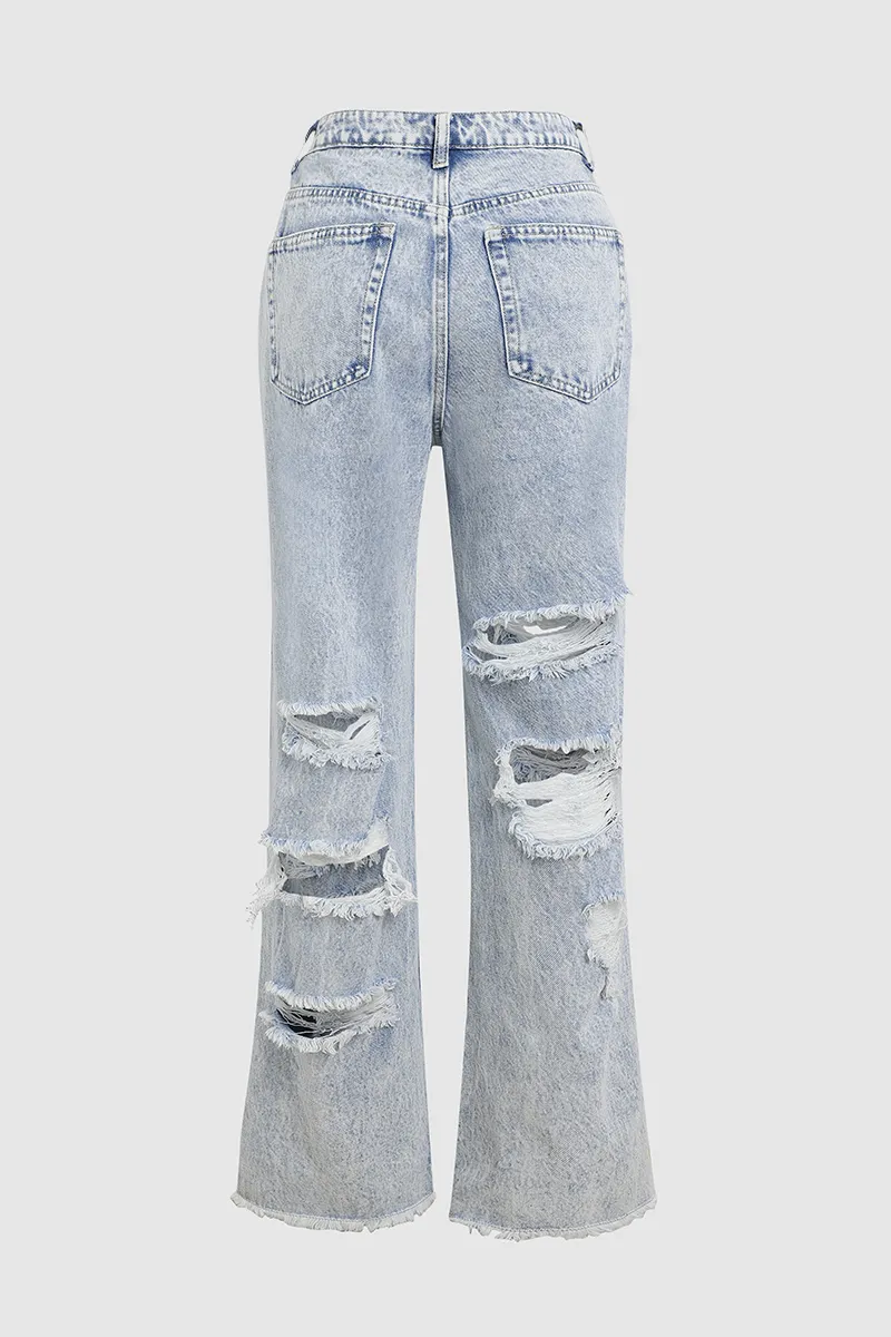 Distressed Frayed Split Hem Straight Leg Jeans