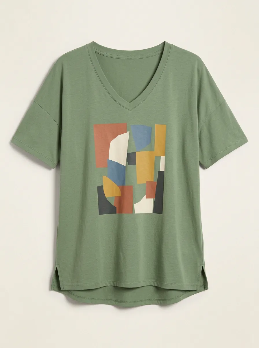 Women's Abstract Geometric Art Printed V-Neck T-Shirt