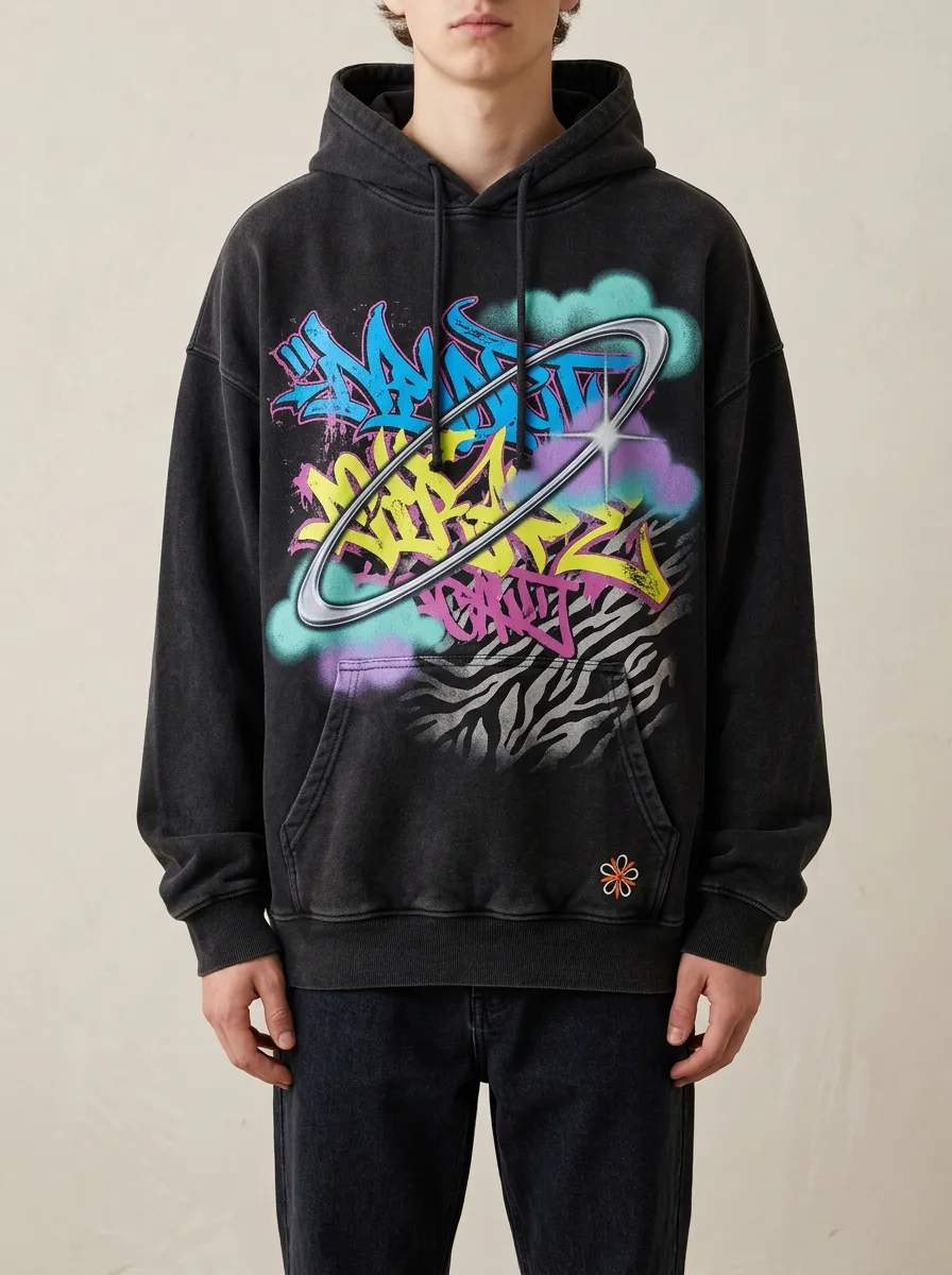 Men's Streetwear Graffiti Planet Zebra Print Graphic Hoodie