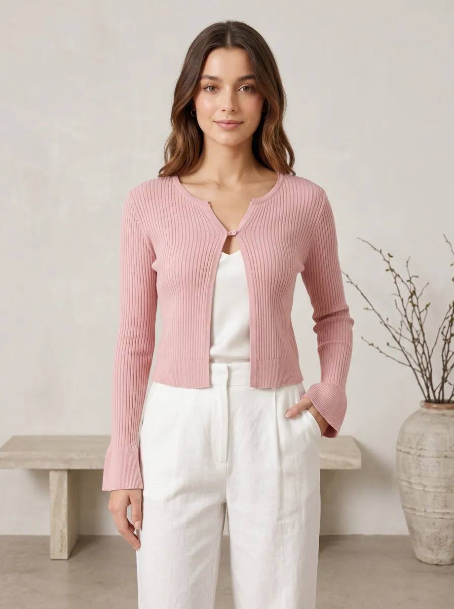 Women's Pink Ribbed Knit Single Button Cardigan Top