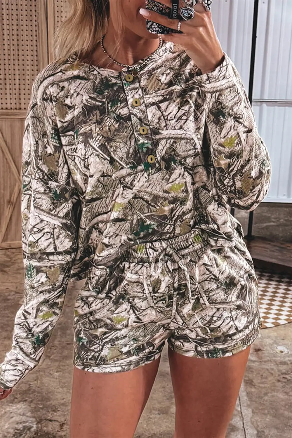 Women's Camo Long Sleeve Top Elastic Waist Shorts Two Piece Set