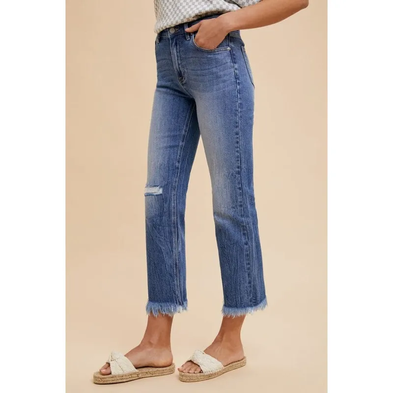 Distressed Raw-Hem Straight Leg Cropped Jeans