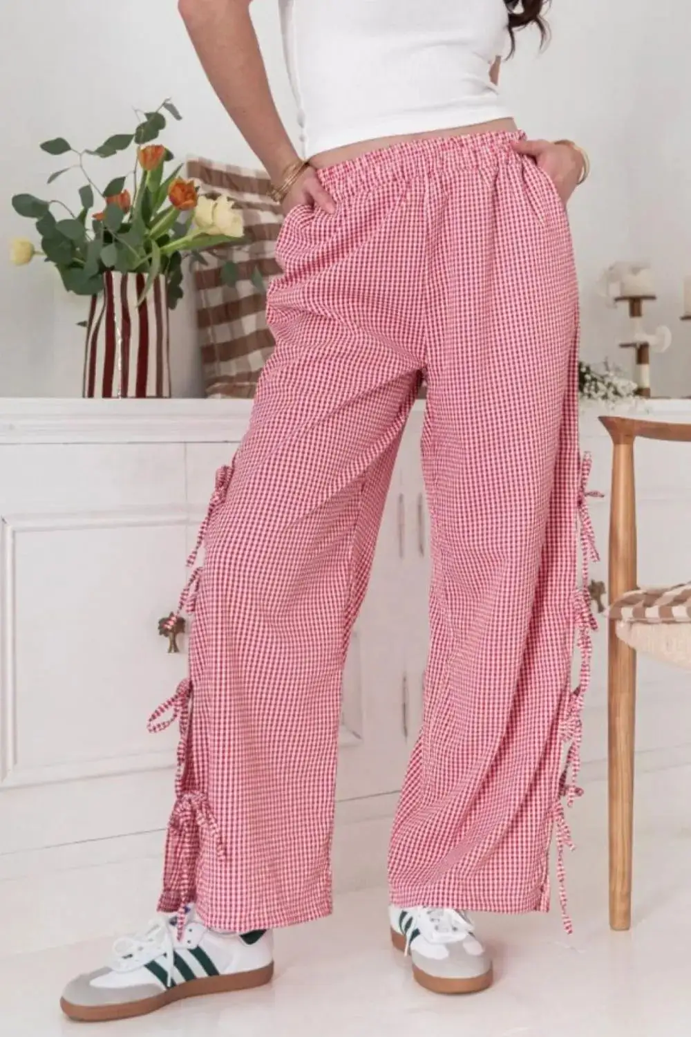 Tie Waist Pocketed Side Tie Slit Detail Pants