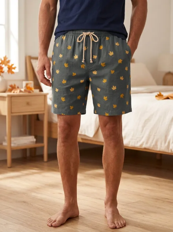 Rust Maple Leaf Print Drawstring Braided Drawstring Shorts