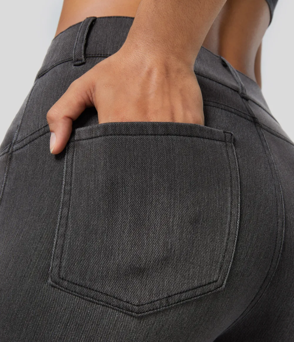 Magic High Waisted Multiple Pockets Stretchy Knit Denim Work Full Length Flare Leggings