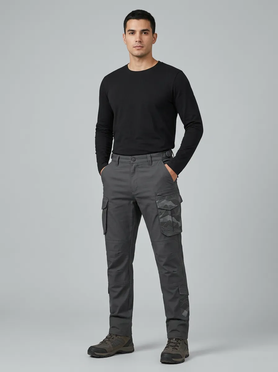 Men's Charcoal Grey Topographic Multi-Pocket Reinforced Knee Tactical Cargo Pants