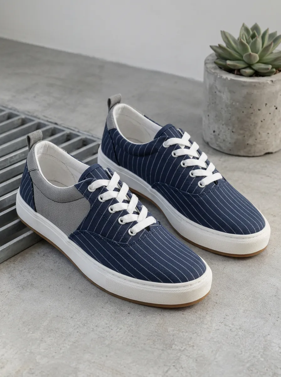 Men's Casual Navy Pinstripe Pattern Printed Canvas Shoes