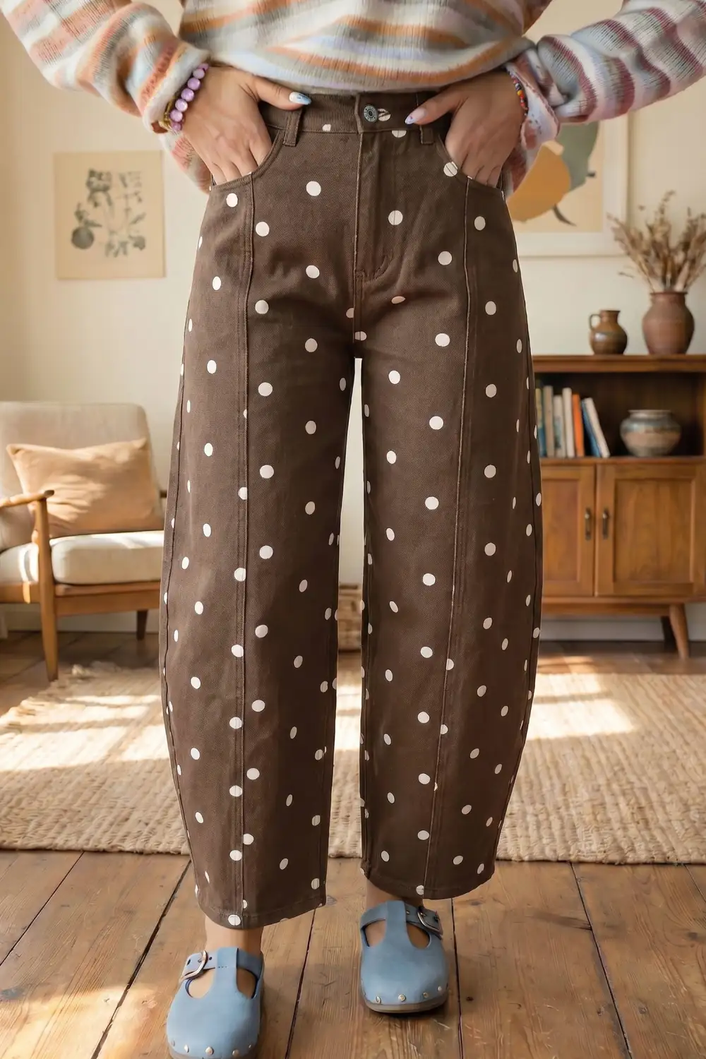 Women's Polka Dot Barrel Jeans With Tailored Seam