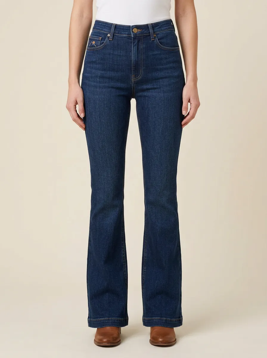 Women's Coin-Pocket Emblem Embroidered Contrast-Stitch Flare Jeans