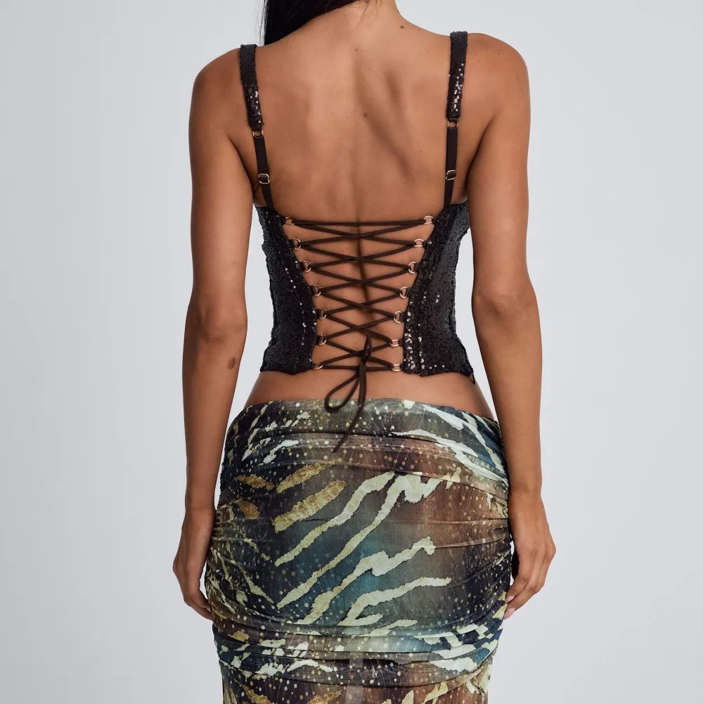 Dark Brown Sequin Lace Up Corset Top