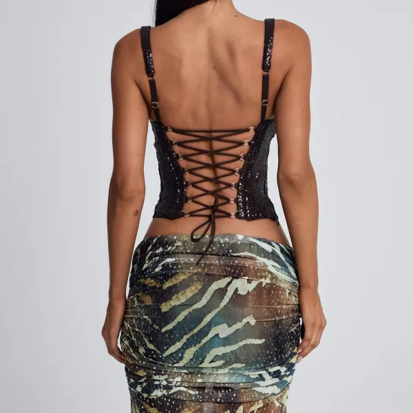 Dark Brown Sequin Lace Up Corset Top