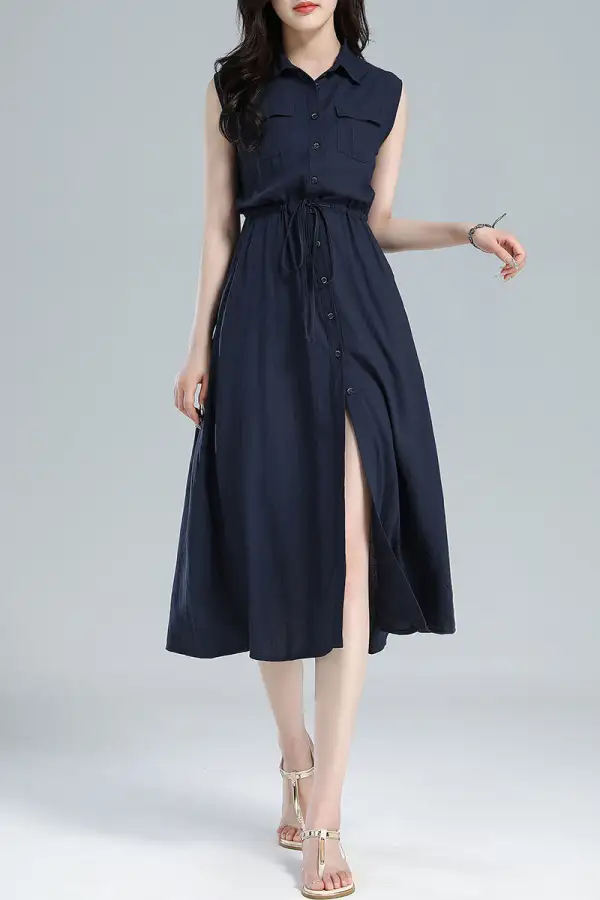Linen Shirt Sleeveless Midi Dress