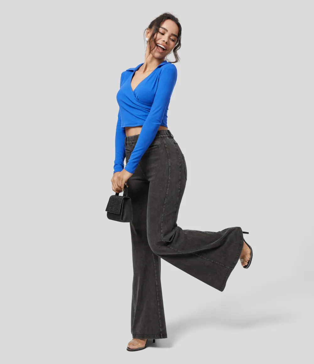Magic High Waisted Multiple Pockets Washed Stretchy Knit Casual Super Flare Jeans