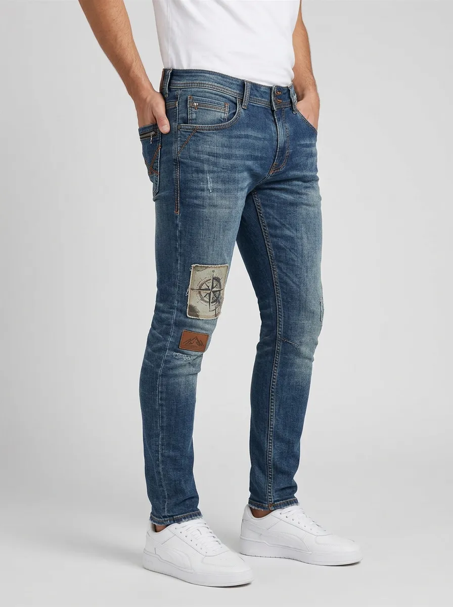 Men's Mid-Blue Adventure Explorer Compass Patch Slim Fit Jeans