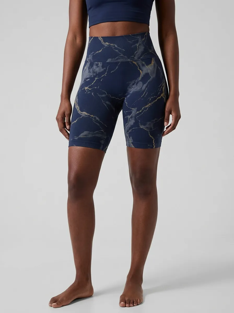 Women's Marble-Print Ribbed-Waistband High-Rise Biker Shorts