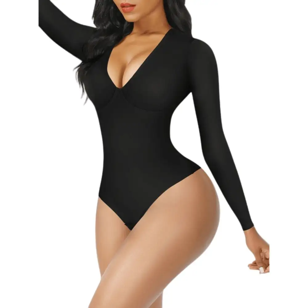 V Neck Long Sleeve Thong Bodysuit