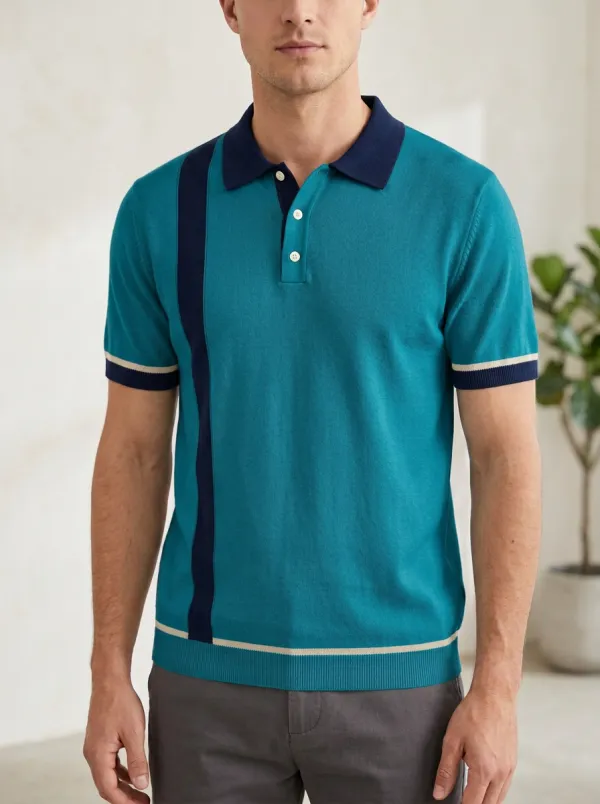 Men's Vintage Style Vertical Stripe Contrast Trim Polo Shirt