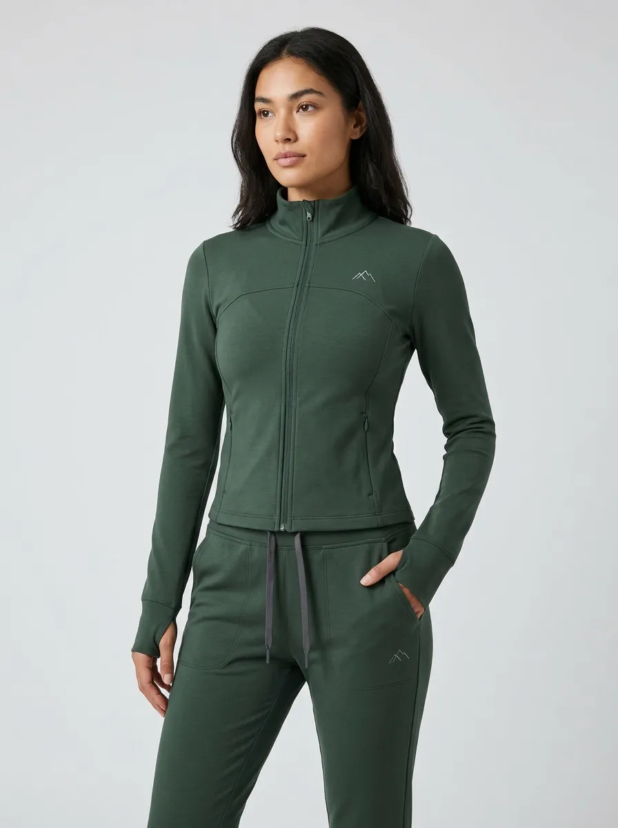 Women's Mountain Graphic Green Athletic Zip-up Jacket and Jogger Set