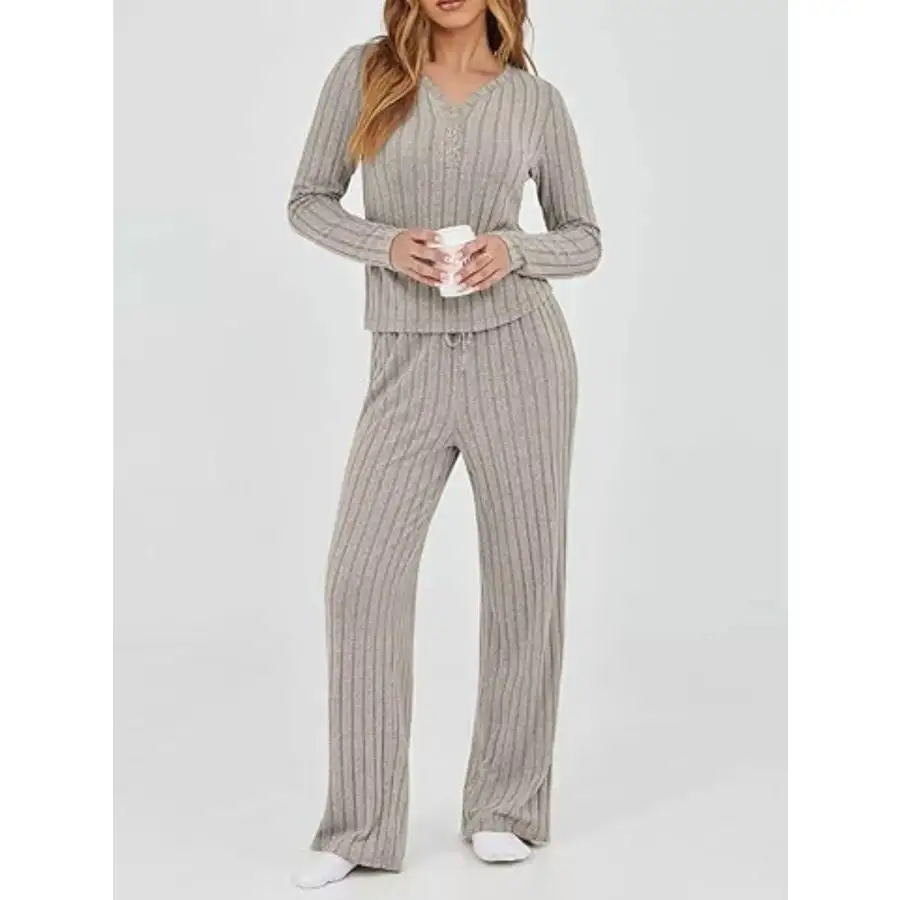 Relaxed Ribbed Knit Long Sleeve Top and Pants Set
